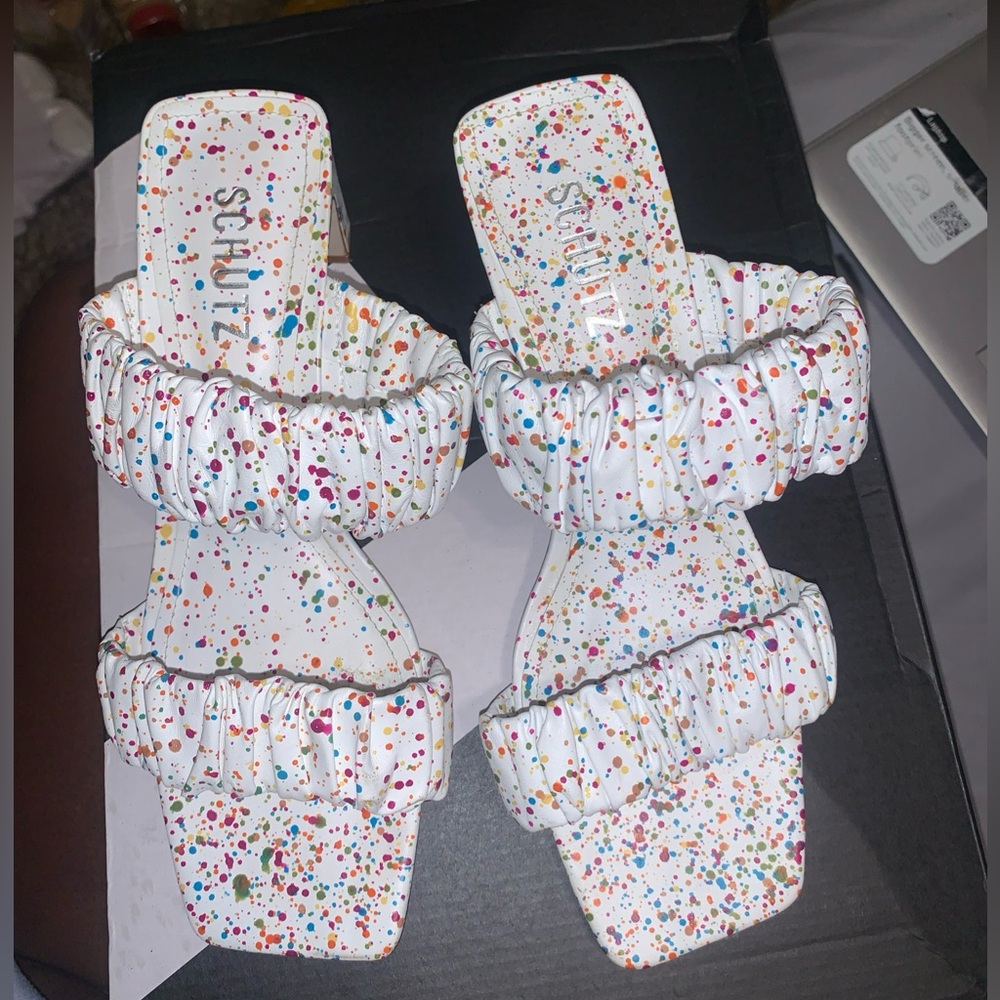 SCHUTZ Multicolor Splatter White Sandals